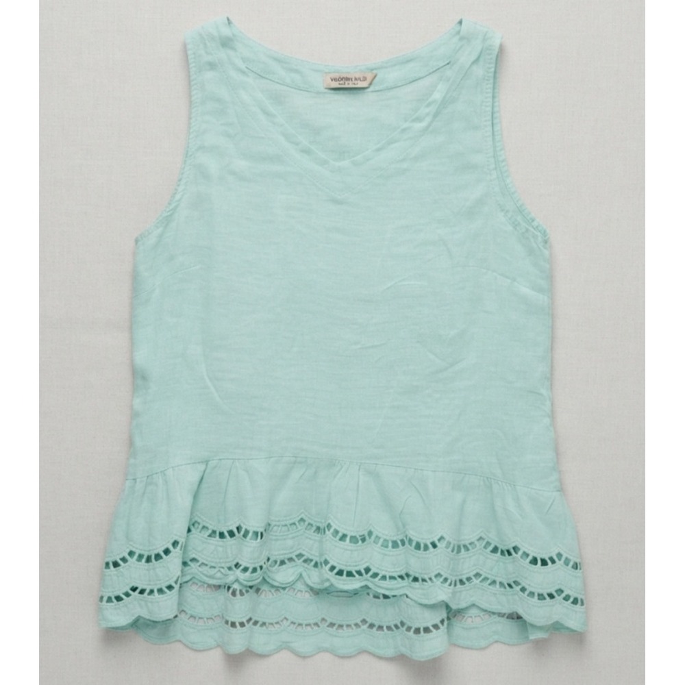 Valentina Naldi Italy Mint Green Linen Eyelet Peplum Tank Top V-Neck Large